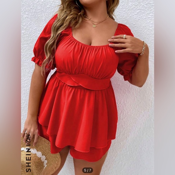 SHEIN VCAY Plus Ruched Bust Puff Sleeve Romper - Picture 2 of 6